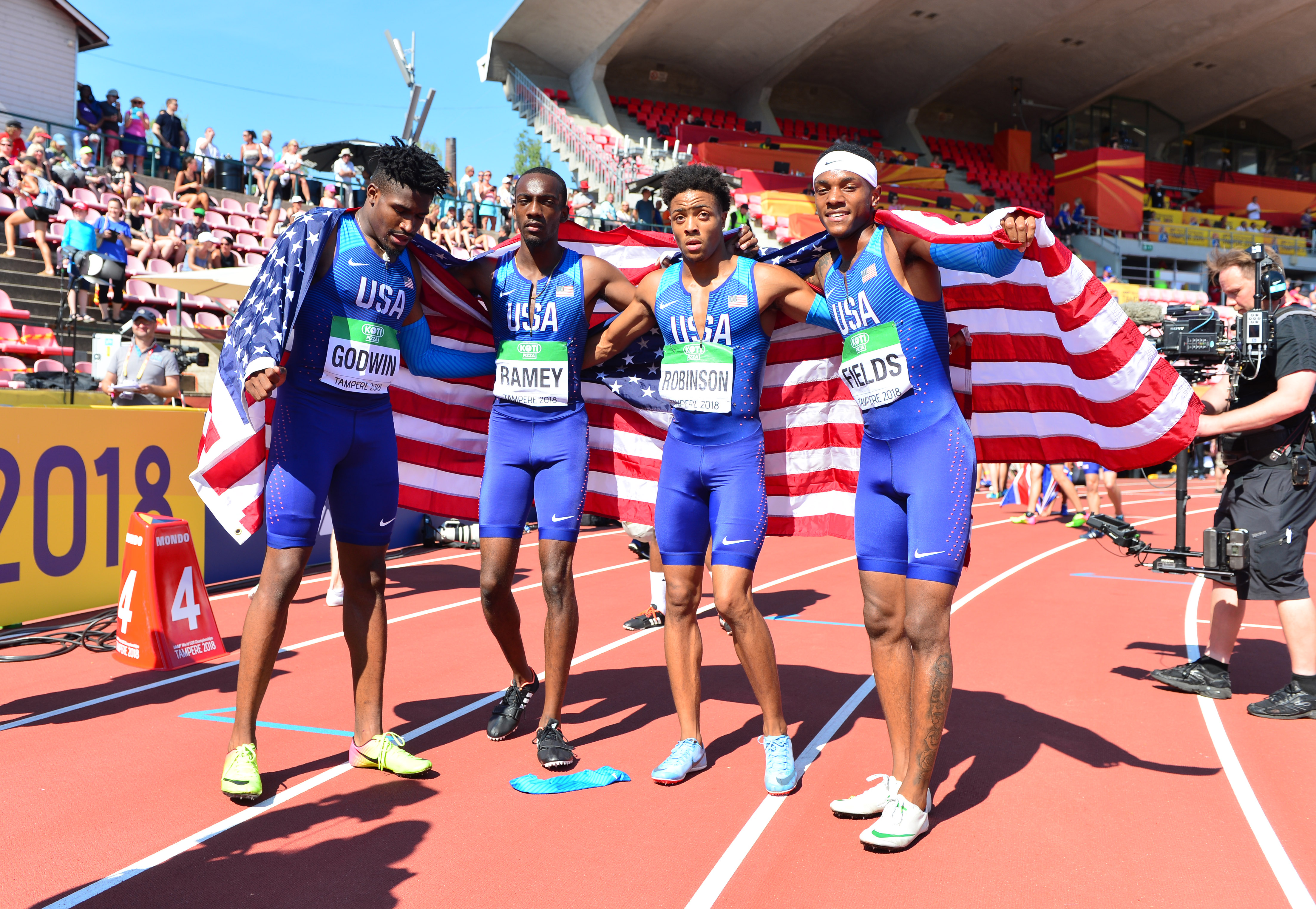 Robinson (second from right) after helping the USA U20 team finish second at the World Junior Championships in Finland in 2018; Kirby Lee/Image Of Sport